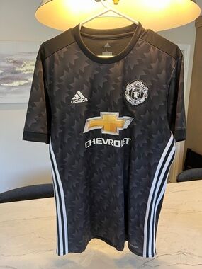 adidas Black Manchester United Graphic Soccer Jersey with White Stripes